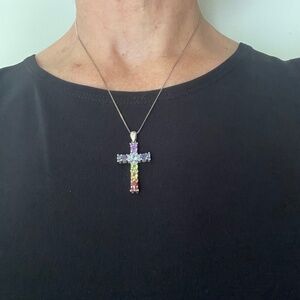Multi gem cross pendant with chain set in platinum overlay sterling silver